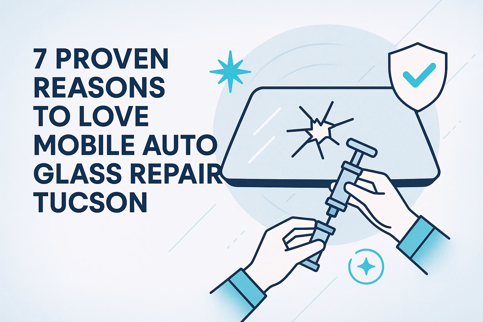 7 reasons to love mobile auto glass repair Tucson, featuring a hand holding a syringe alongside a cracked windshield.