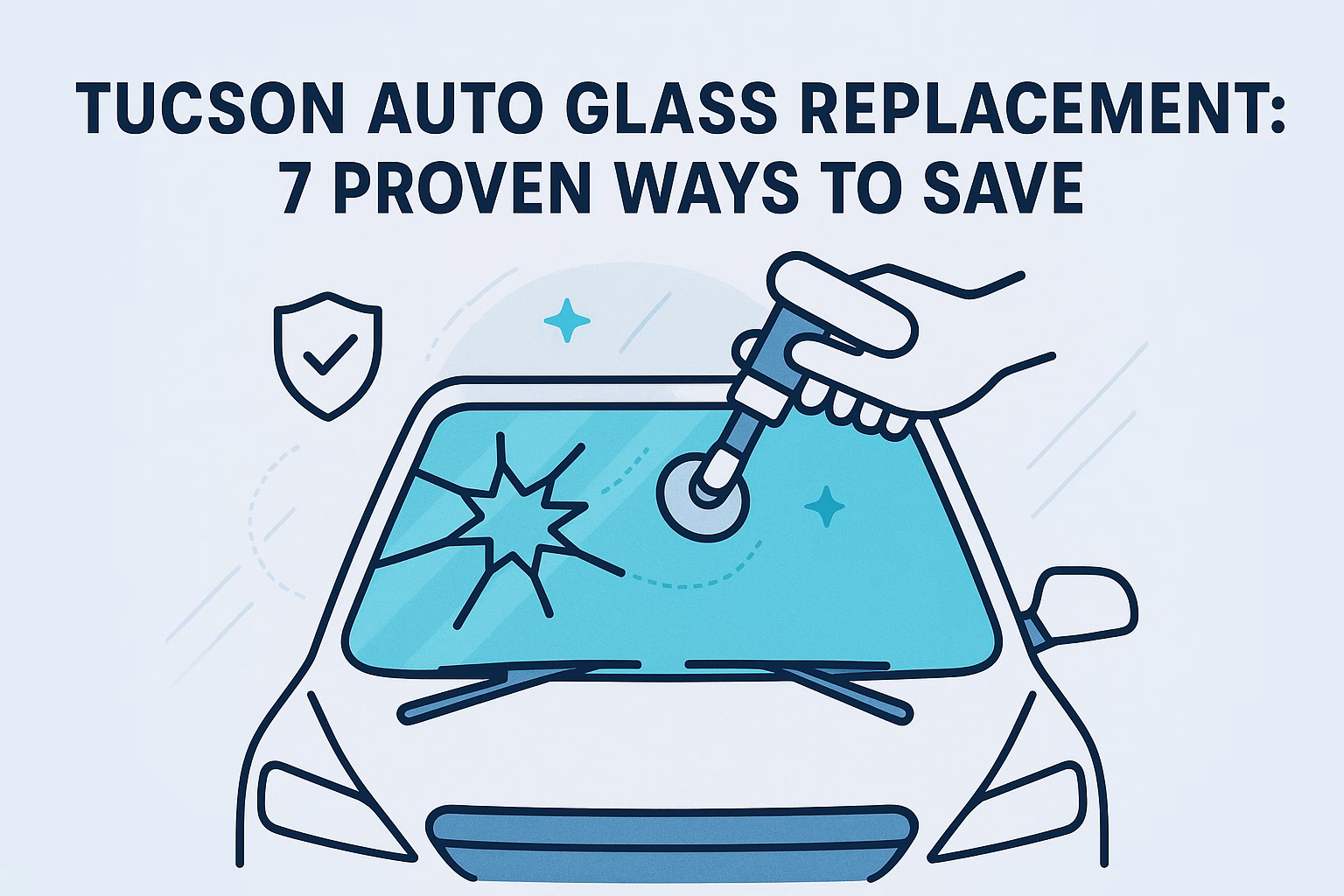 Tucson auto glass replacement graphic showing a hand repairing a cracked windshield with the text: 7 proven ways to save.