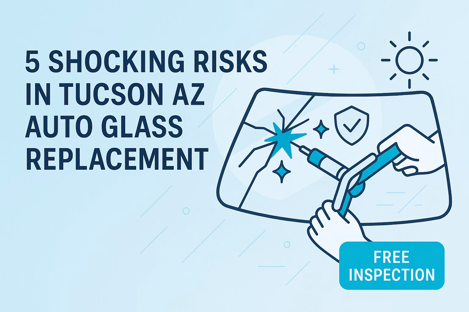 5 risks of tucson az auto glass replacement, featuring hands repairing a windshield with tools and a free inspection offer.