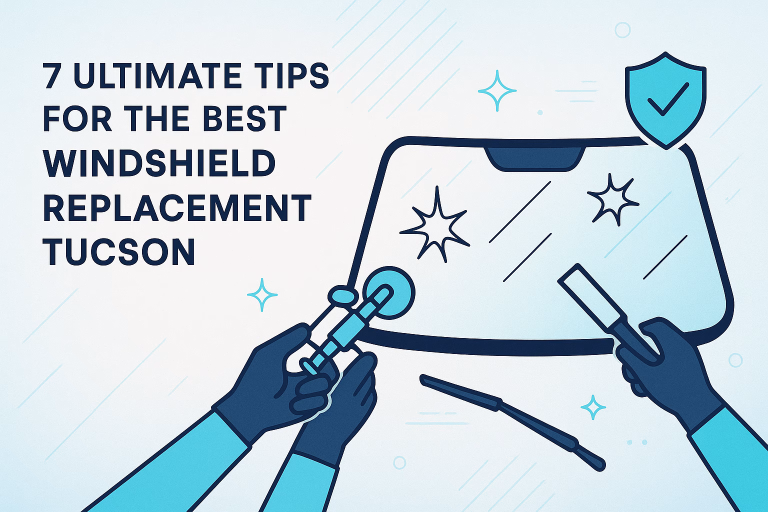 7 tips for the best windshield replacement Tucson, featuring hands working on a windshield with repair tools.