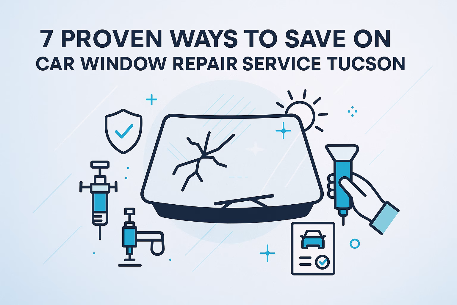 7 proven ways to save on car window repair service Tucson with imagery of a cracked windshield and repair tools.