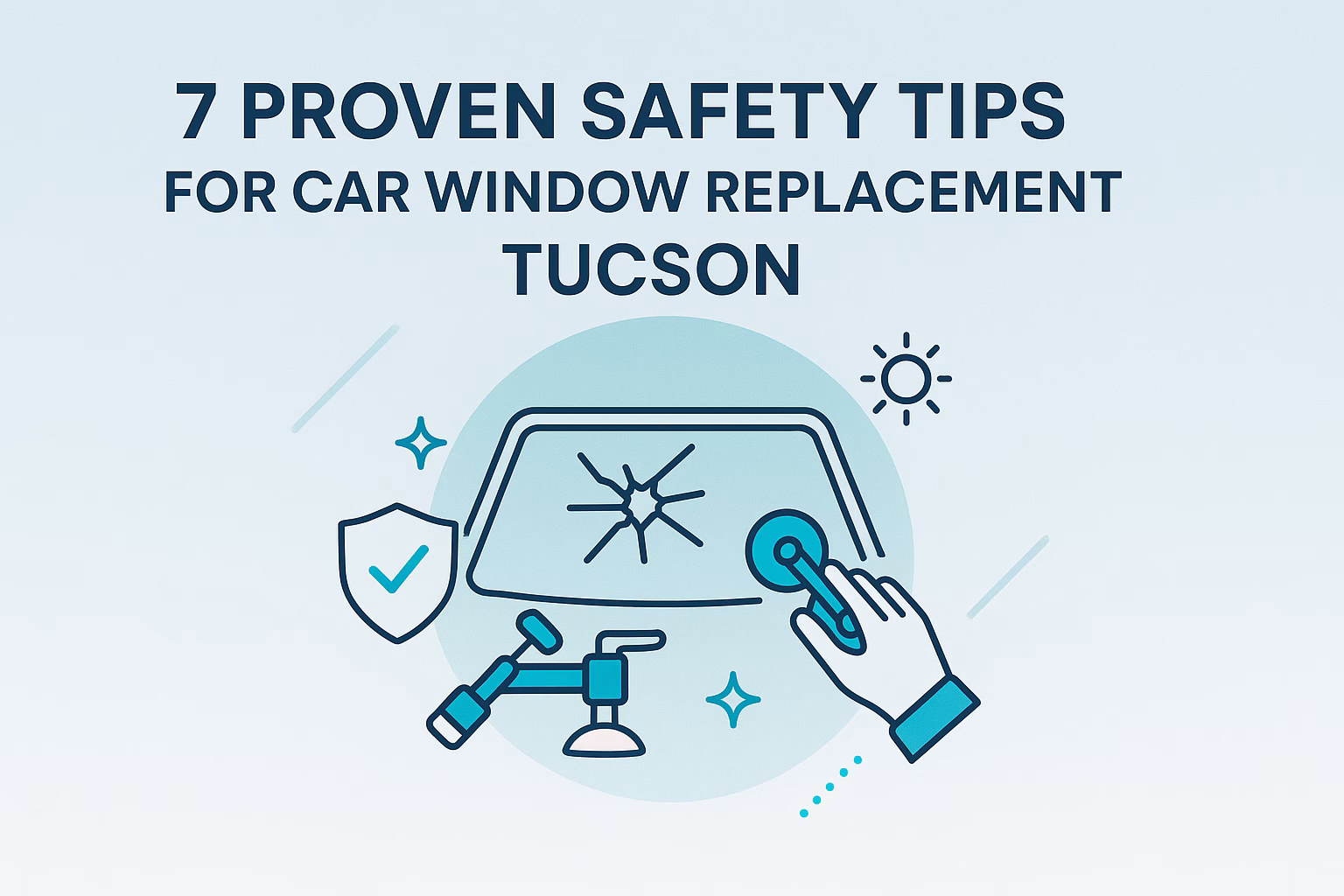 7 safety tips for car window replacement Tucson, featuring a hand applying a tool to a cracked car window.