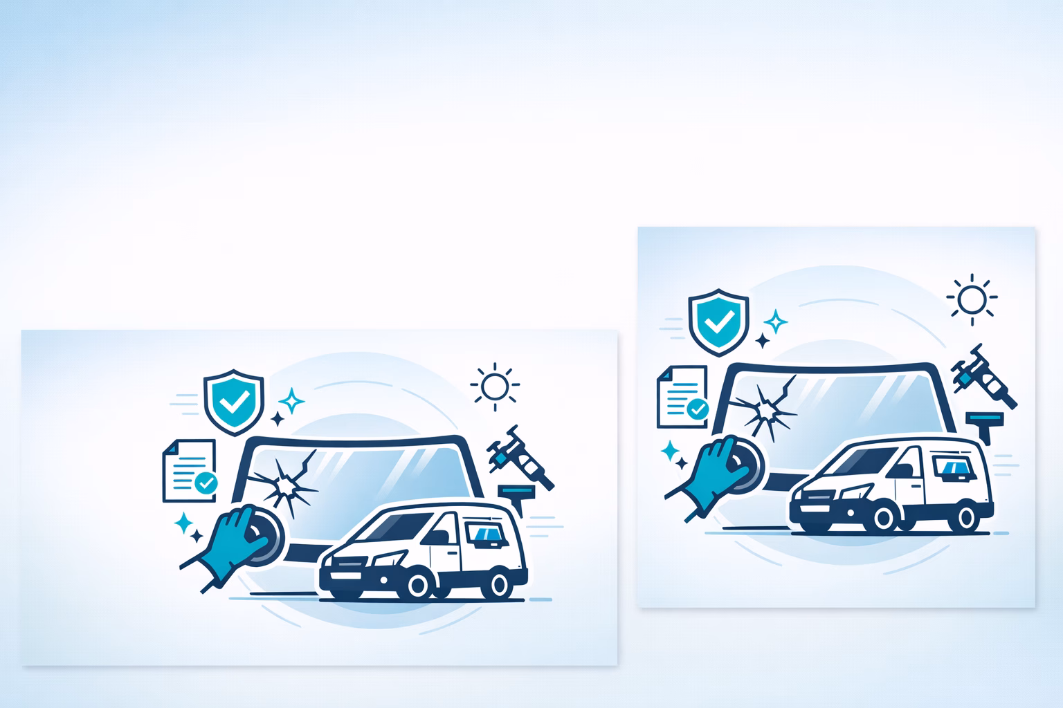 Car window replacement Tucson AZ illustrated with a van, cracked windshield, and repair tools. Bright, clean design.