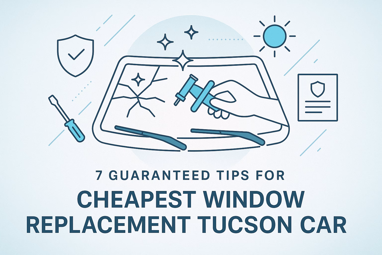 7 tips for cheapest window replacement tucson car with graphic of a windshield and repair tools.