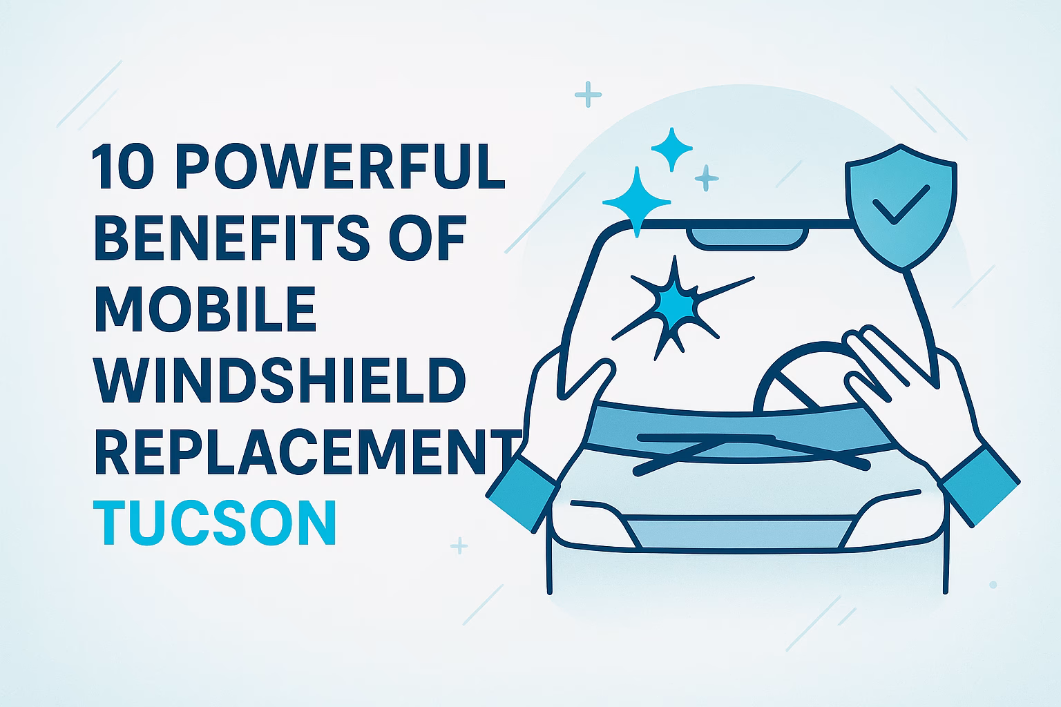 10 benefits of mobile windshield replacement Tucson, featuring hands repairing a damaged windshield with sparkles.