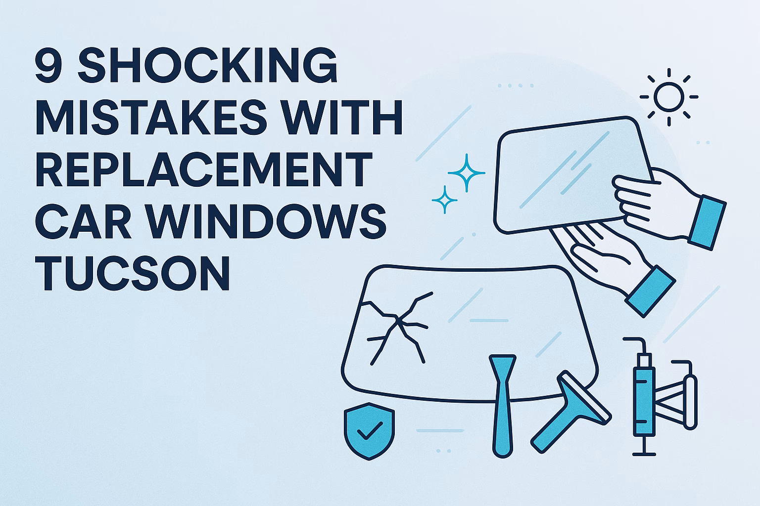 9 common mistakes with replacement car windows Tucson, illustrated with cracked glass and installation tools.