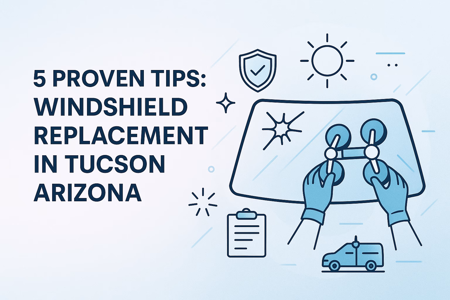 5 tips for windshield replacement in Tucson Arizona, featuring a graphic of hands fixing a damaged windshield.