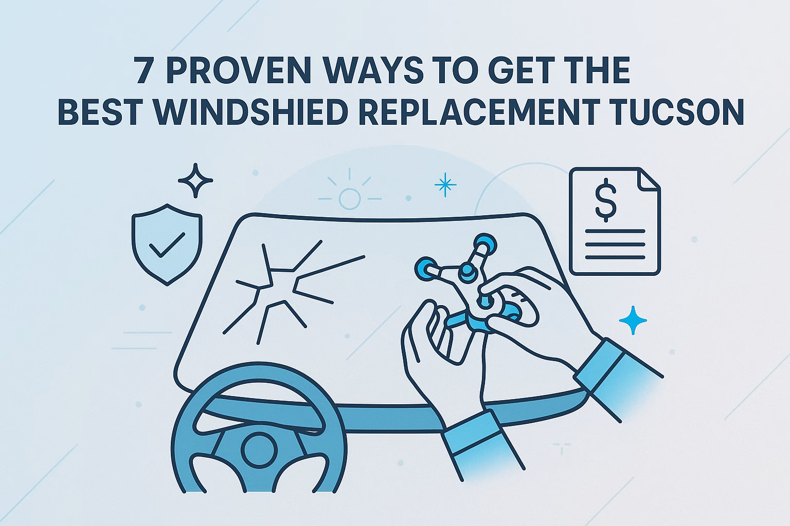 7 ways to get the best windshield replacement Tucson, featuring a cracked windshield and hands repairing it.
