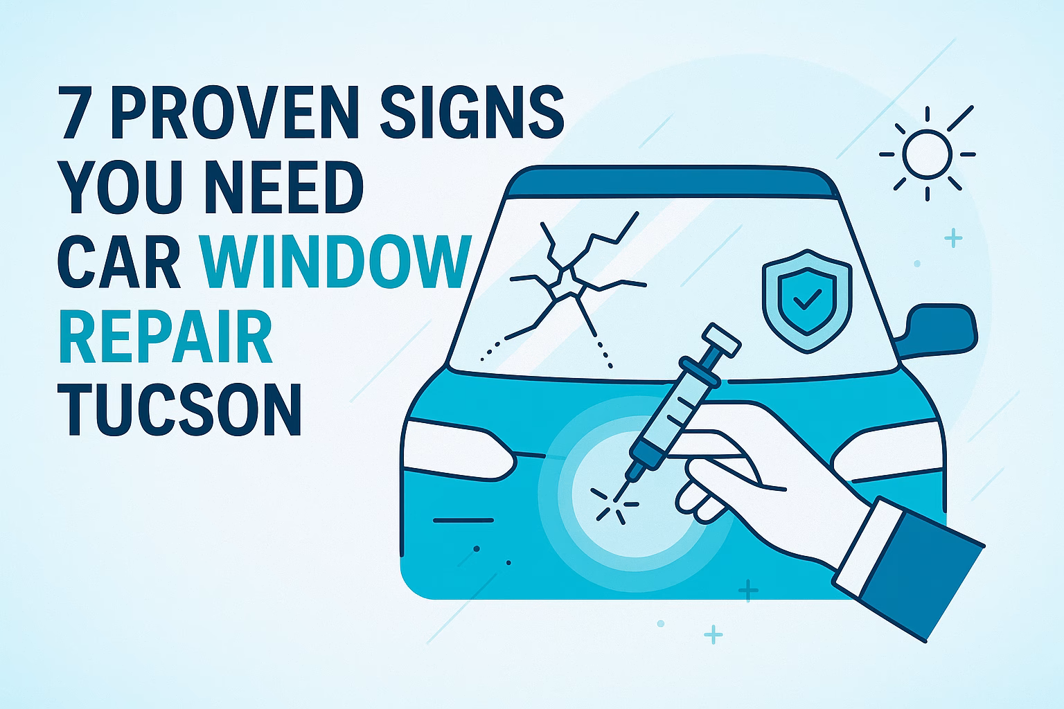 7 signs you need car window repair Tucson, featuring a hand injecting a windshield crack with a syringe.