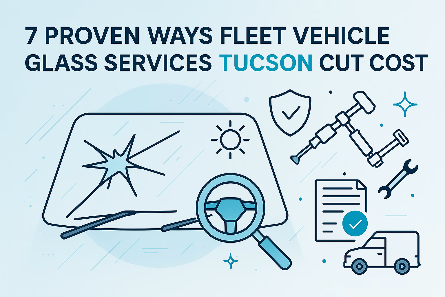 7 proven strategies for fleet vehicle glass services Tucson to reduce costs, featuring tools and a cracked windshield illustration.