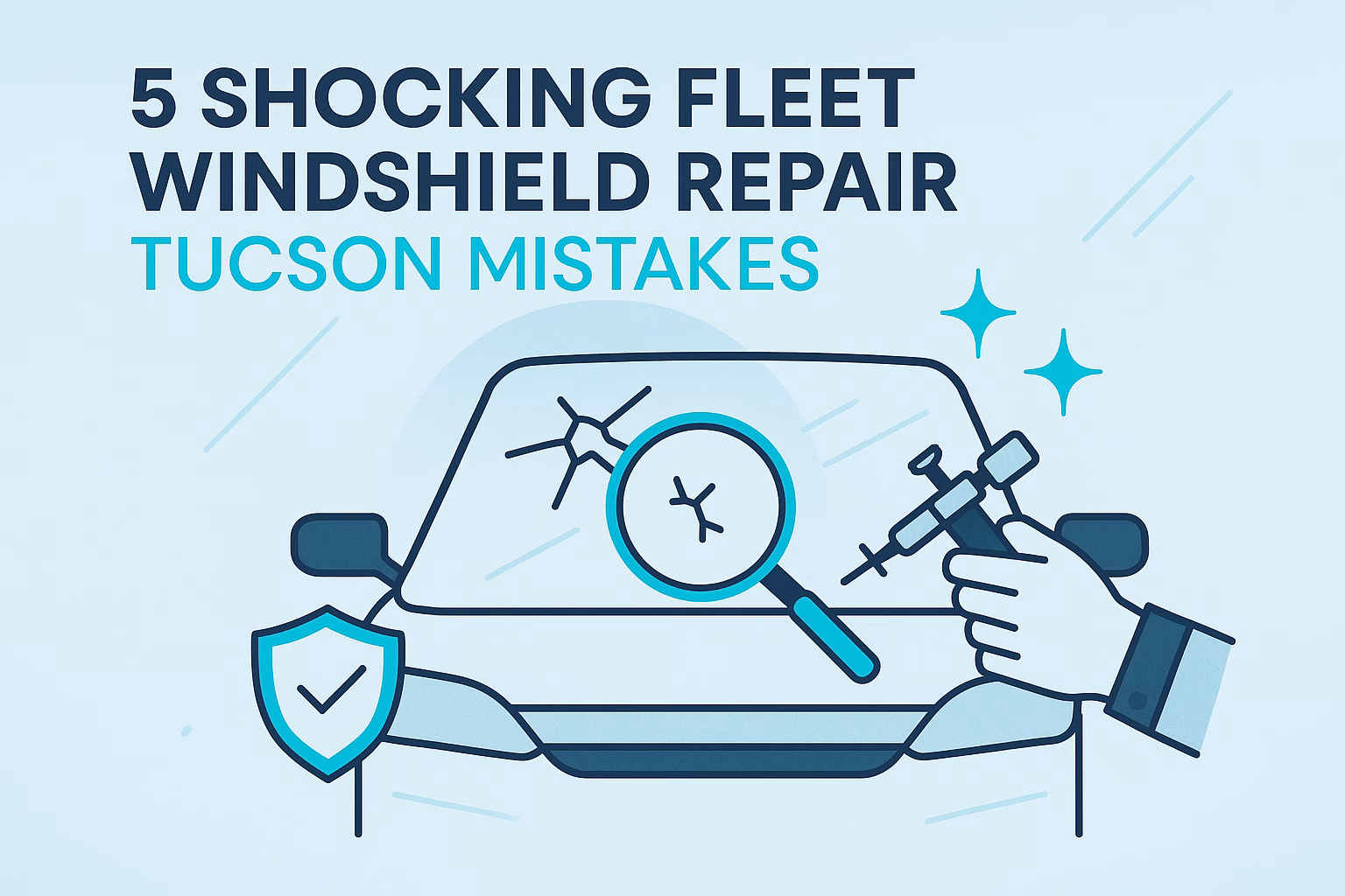 5 shocking fleet windshield repair Tucson mistakes with a car, magnifying glass, and repair tool illustrated.