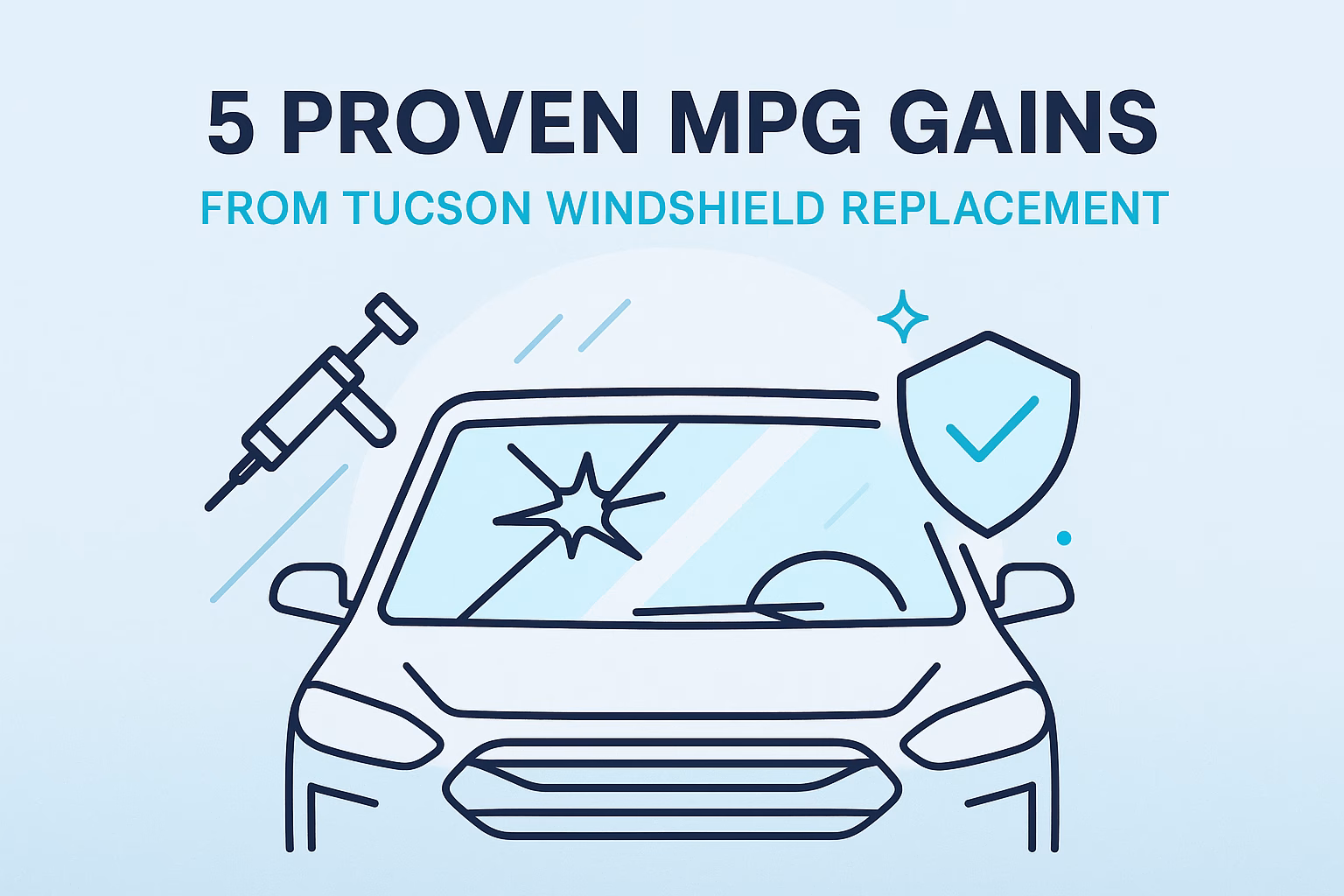 5 proven MPG gains from Tucson windshield replacement, illustrated with a car, syringe, and shield symbols.