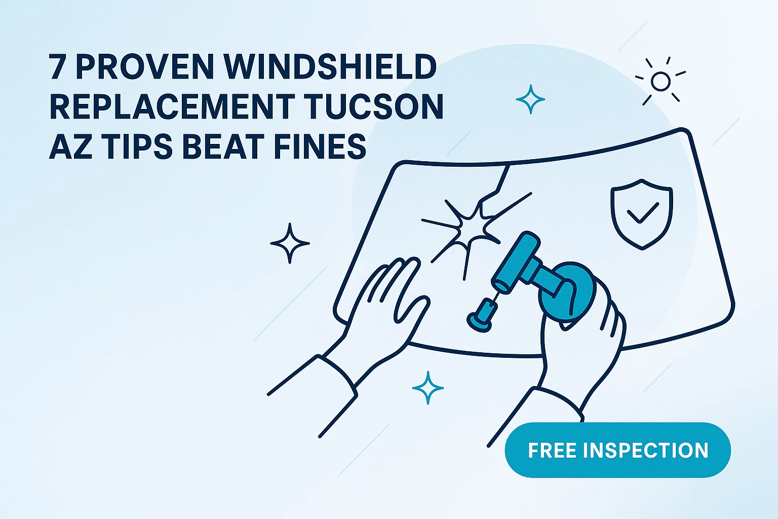 7 tips for windshield replacement Tucson AZ to avoid fines, featuring hands repairing a cracked windshield. Free inspection offer.