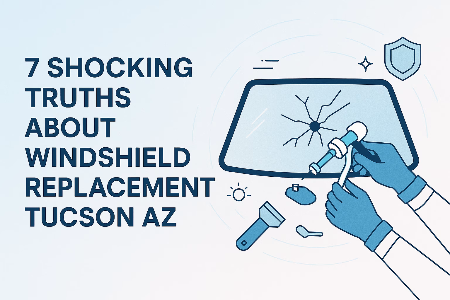 7 truths about windshield replacement Tucson AZ, featuring a cracked windshield and repair tools.
