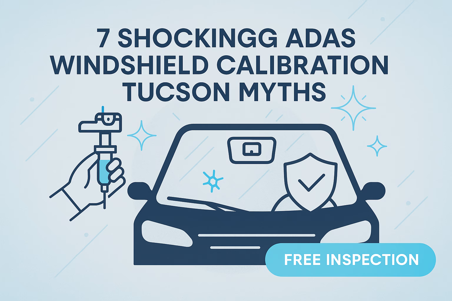7 shocking ADAS windshield calibration Tucson myths with a car and inspection tool graphic, featuring "Free Inspection" call-to-action.
