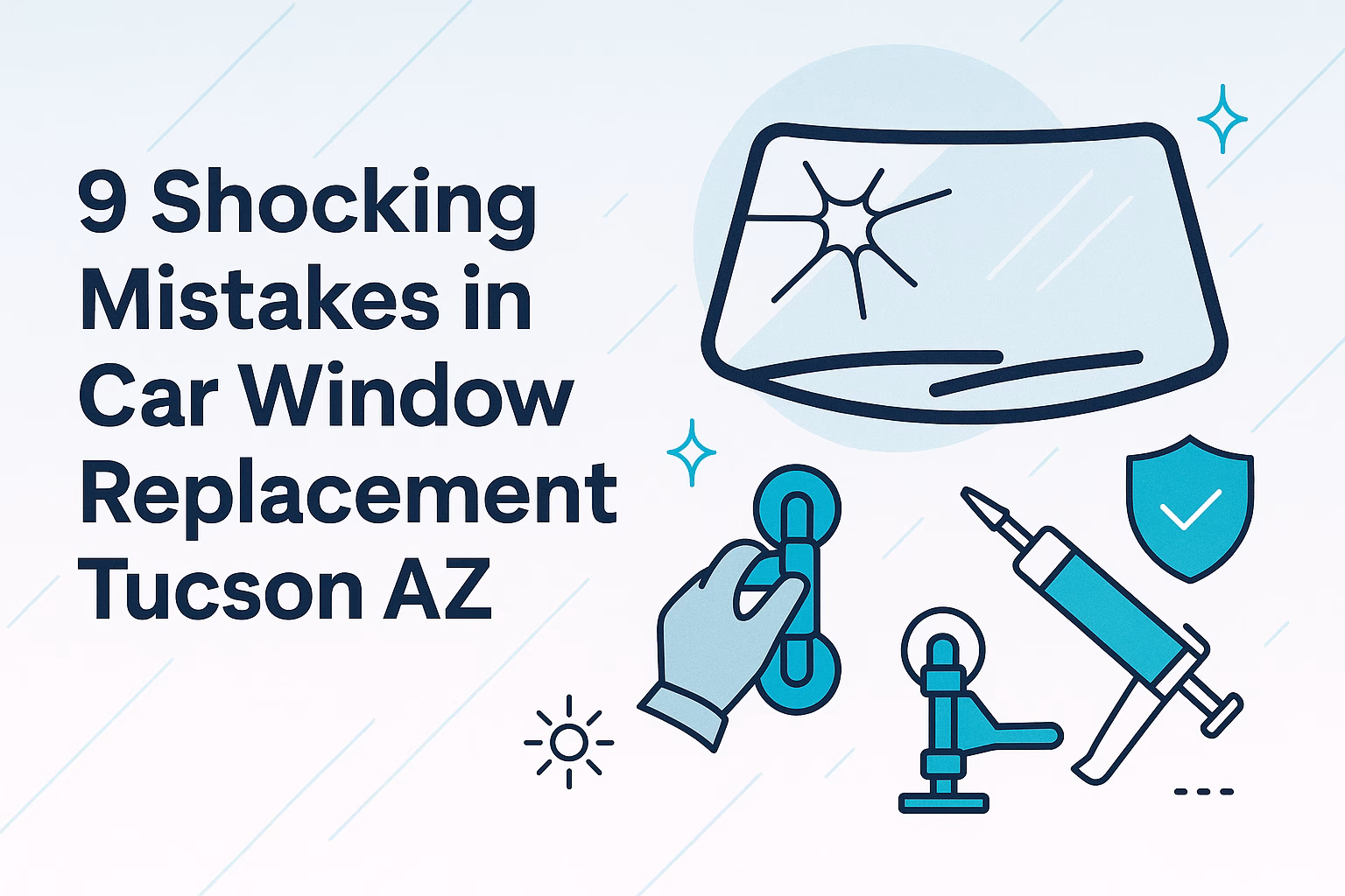 9 mistakes in car window replacement Tucson AZ, featuring a cracked windshield and tools for repair.