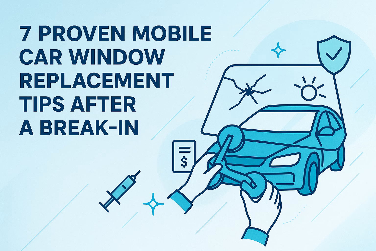 7 proven mobile car window replacement tips after a break-in, featuring a car illustration with damaged glass and tools.