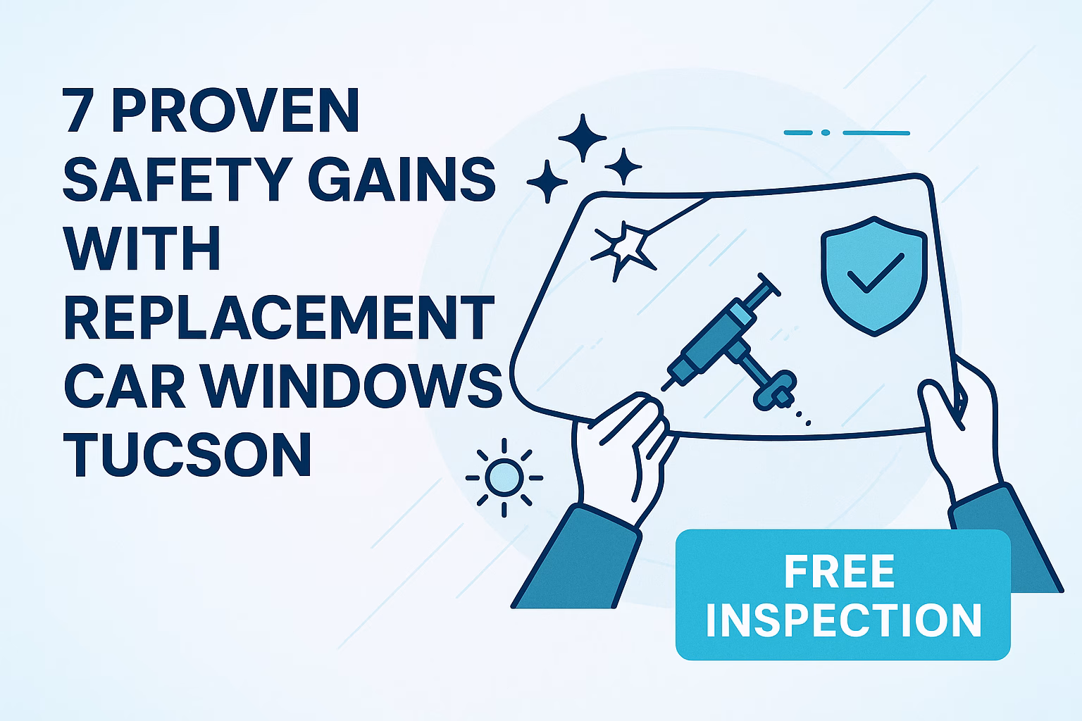 7 proven safety gains with replacement car windows Tucson and free inspection offer, illustrated with hands and visuals.