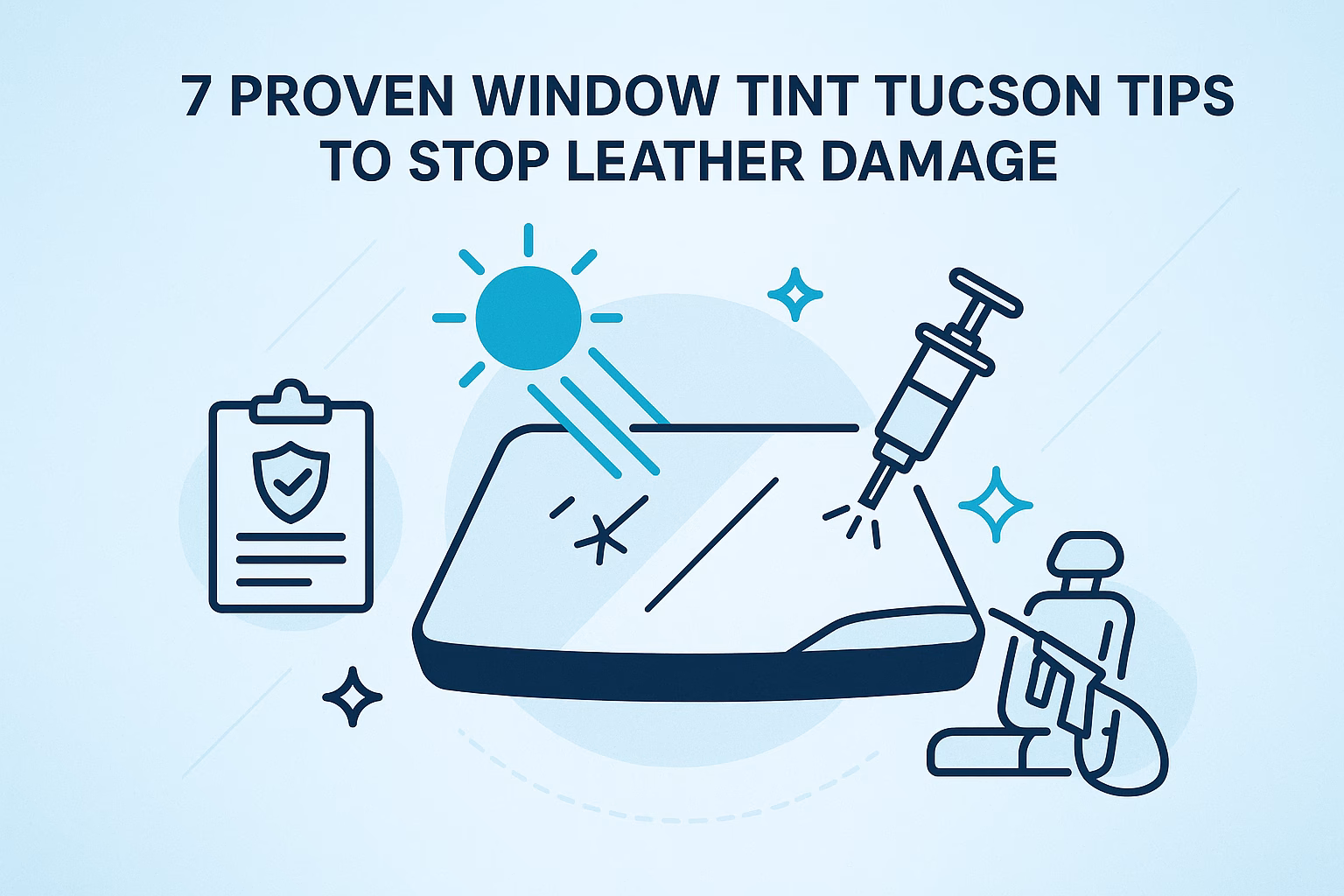 7 proven window tint Tucson tips with icons illustrating sun protection, leather care, and maintenance advice.