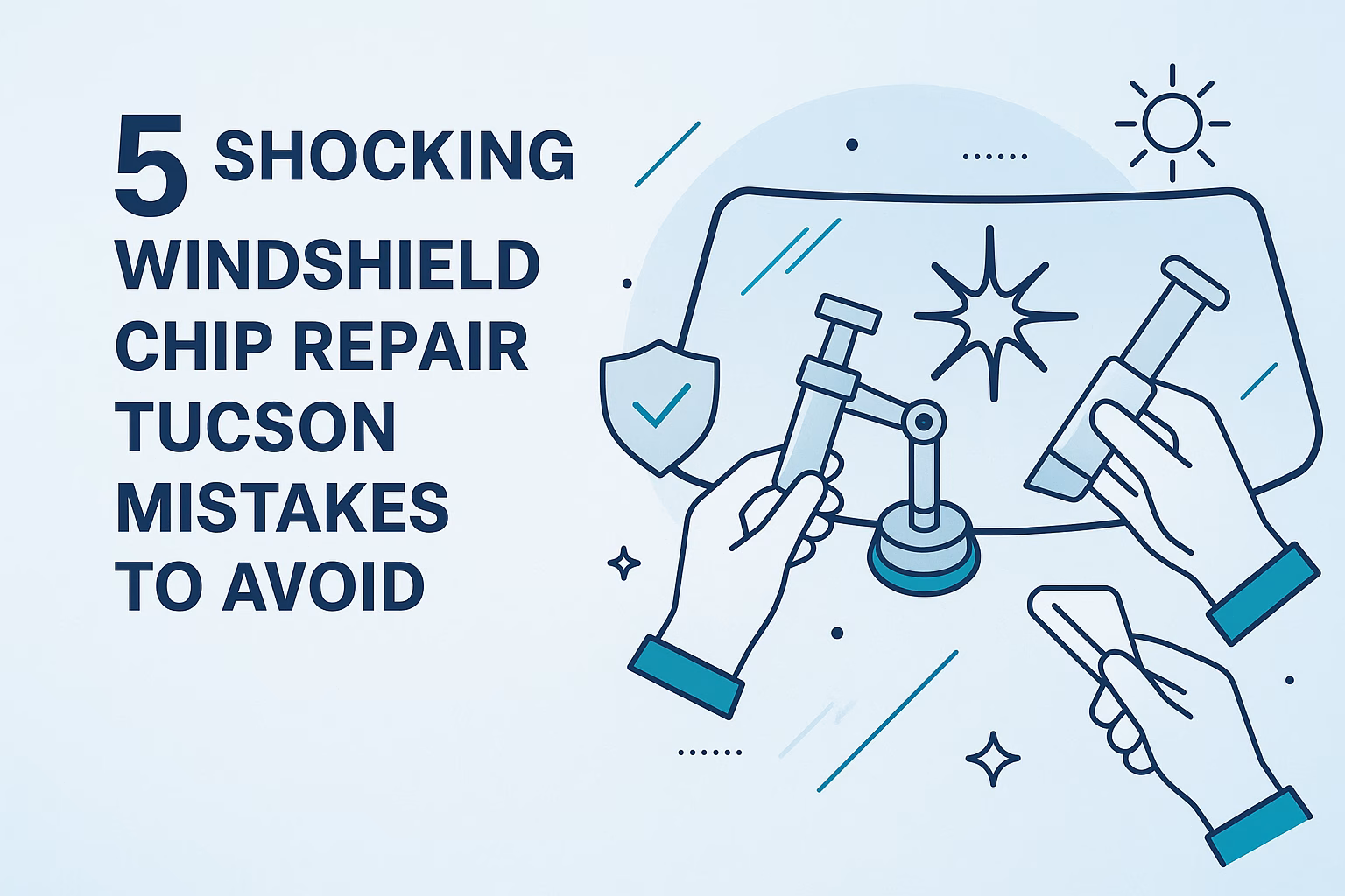 5 mistakes to avoid for effective windshield chip repair Tucson, illustrated with hands using tools on a damaged windshield.