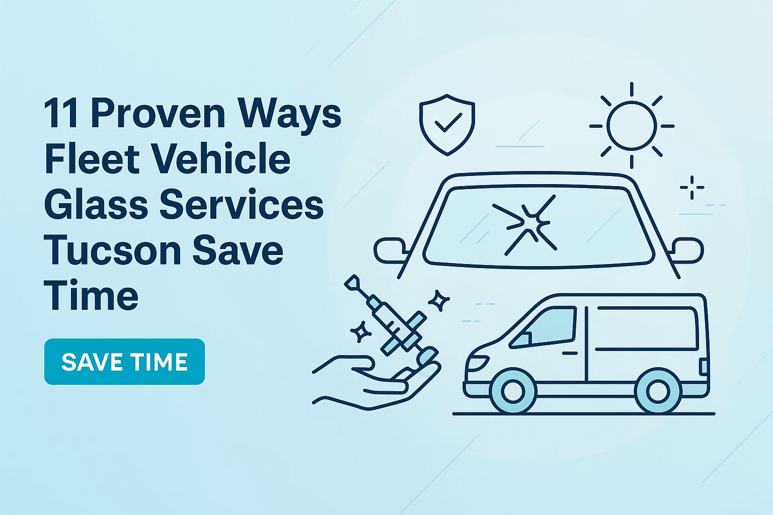 11 proven ways fleet vehicle glass services Tucson save time, featuring a van, shield, and a damaged windshield graphic.