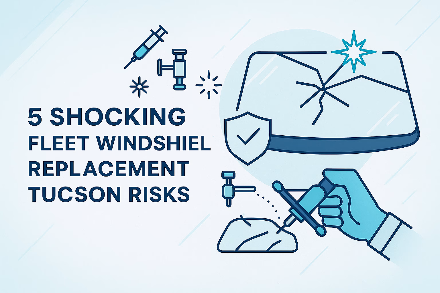 5 shocking fleet windshield replacement Tucson risks with graphics of tools and a cracked windshield.